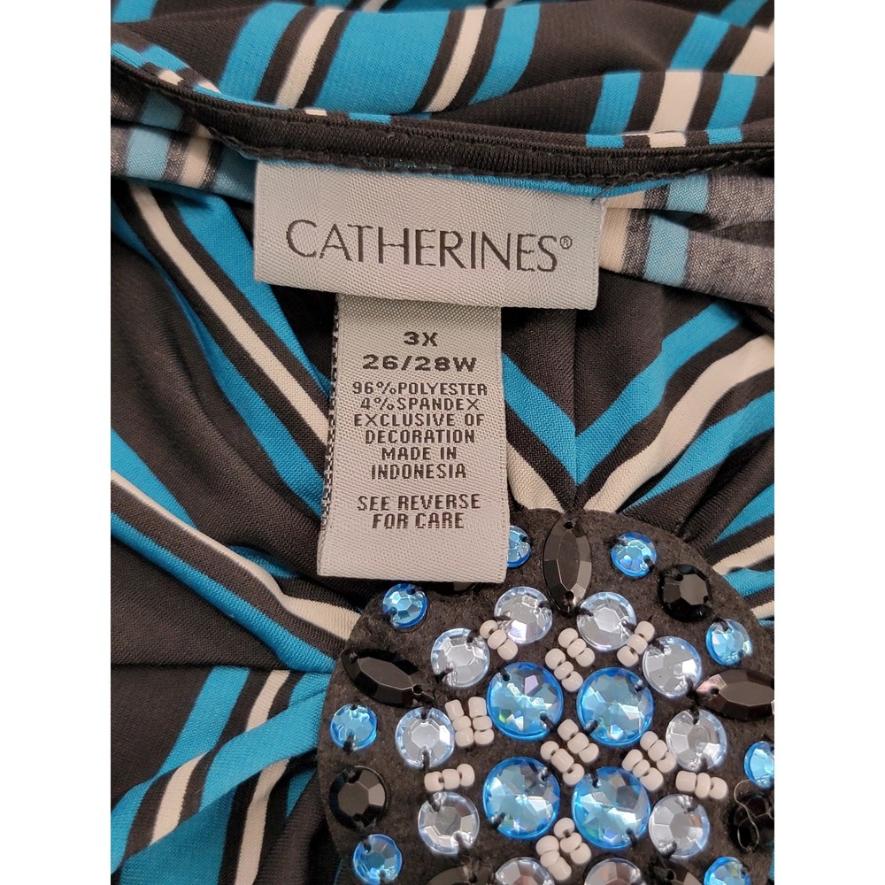 Catherines Womens 3X Dress Blue Black Striped Beaded Medallion Sleeveless V-Neck - Picture 4 of 7